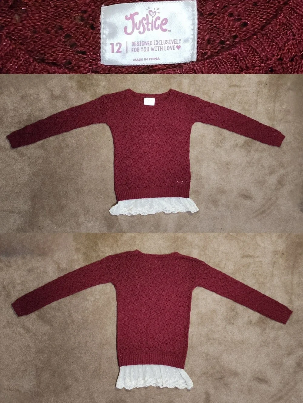 Justice Kids Marron Knitted Long Sleeve Shirt Sz 7/12